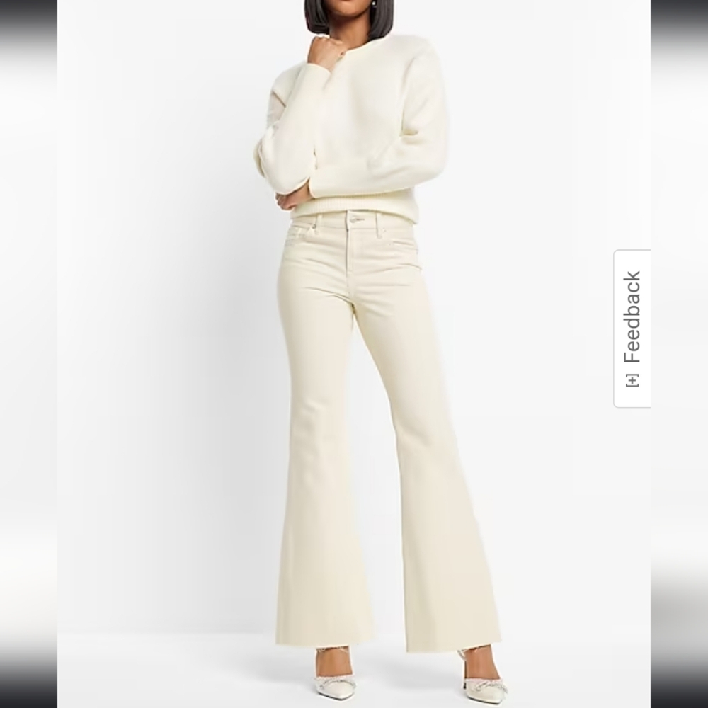 Express Mid Rise Cream Raw Hem '70s Flare Jeans